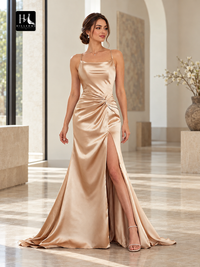 Sheath Ruched Elastic Woven Satin Prom Dress with Spaghetti Straps and Court Train