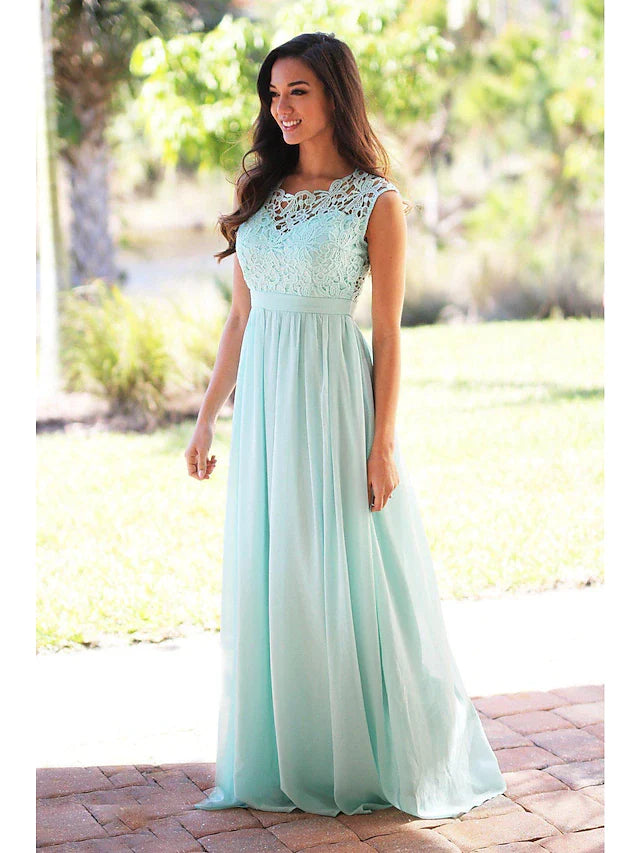 Jewel neck sleeveless floor-length chiffon and lace bridesmaid dress - As Picture B