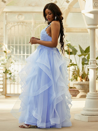 Sleeveless halter A-line floor-length tulle prom dress with appliques