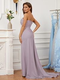 Ruched strapless sheath prom dress in stretch crepe