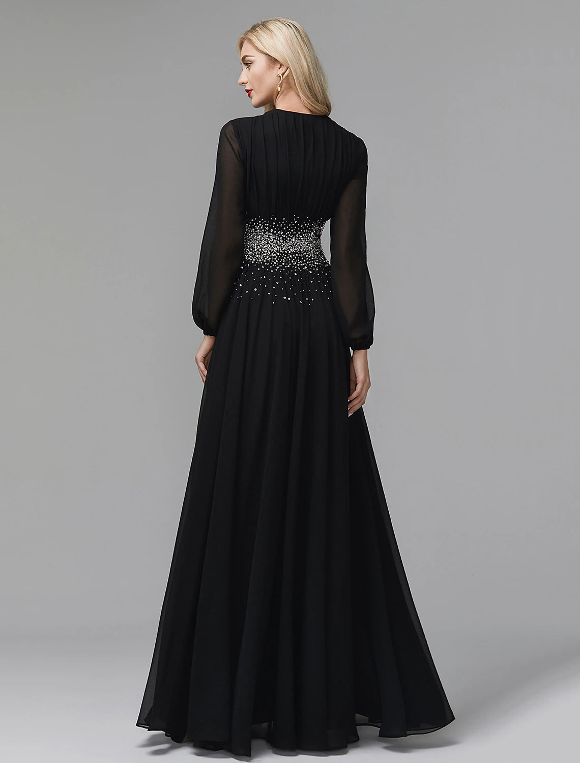 Front view of V-neck floor-length A-line evening dress crafted in chiffon with sequins