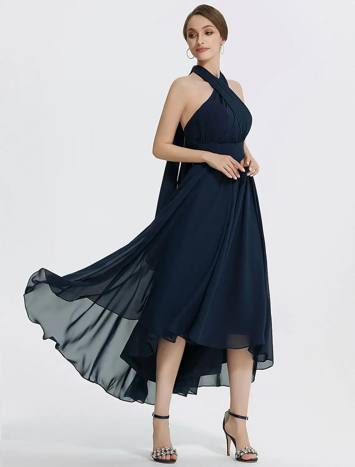 Close-up view of the ruched bodice and off-shoulder neckline on the chiffon dress