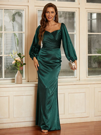 Silk-like satin sheath prom dress with ruched bodice, V-neck, and long sleeves
