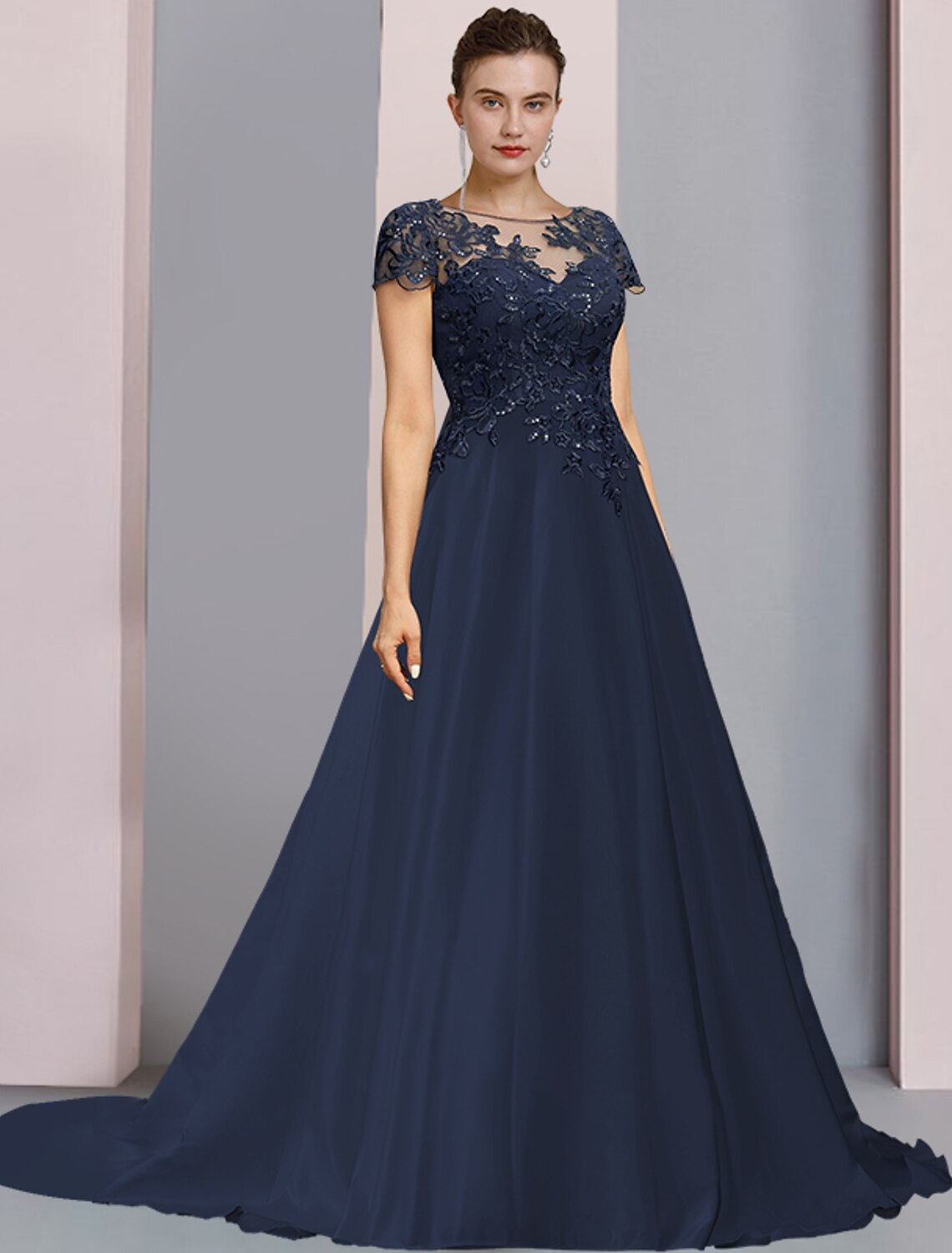 A-line scoop neck satin and lace mother of the bride dress with short sleeves and sequin appliques