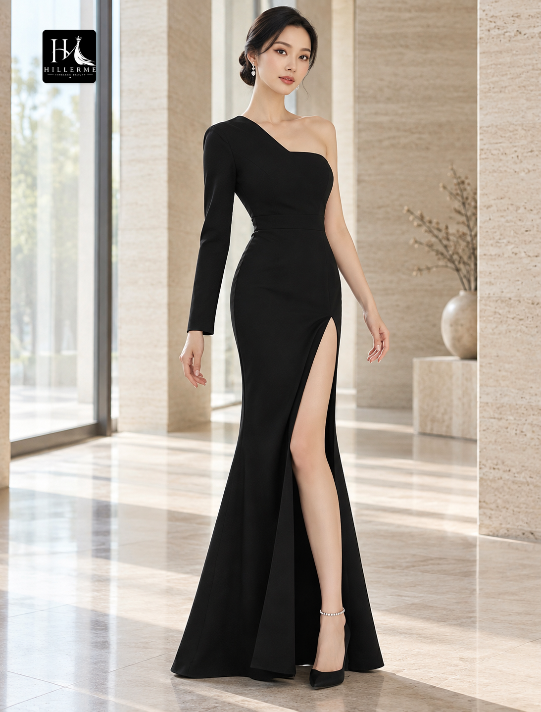 One-Shoulder Long Sleeve Mermaid Evening Gown with Slit