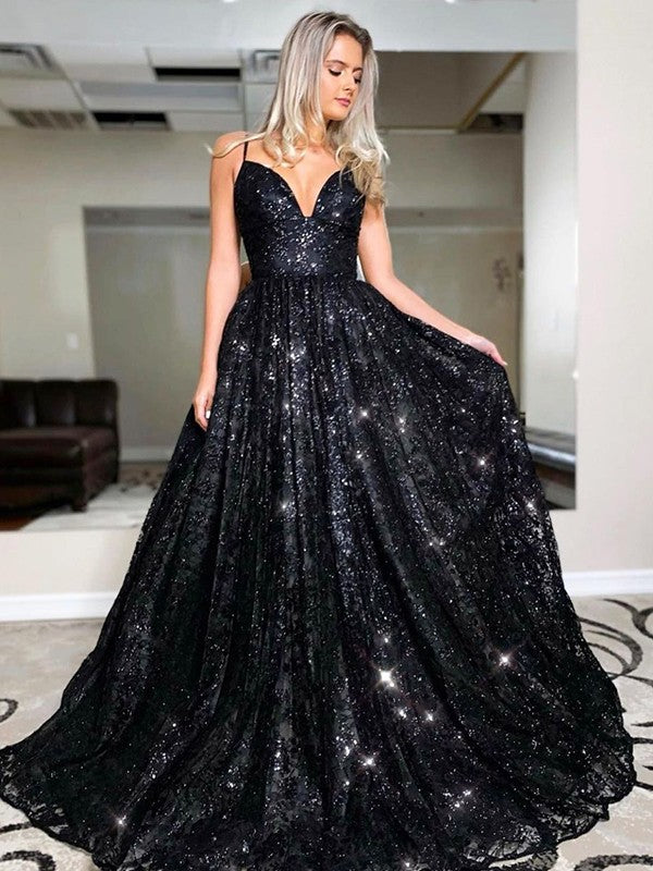 A-line floor-length V-neck sleeveless sequin prom dress