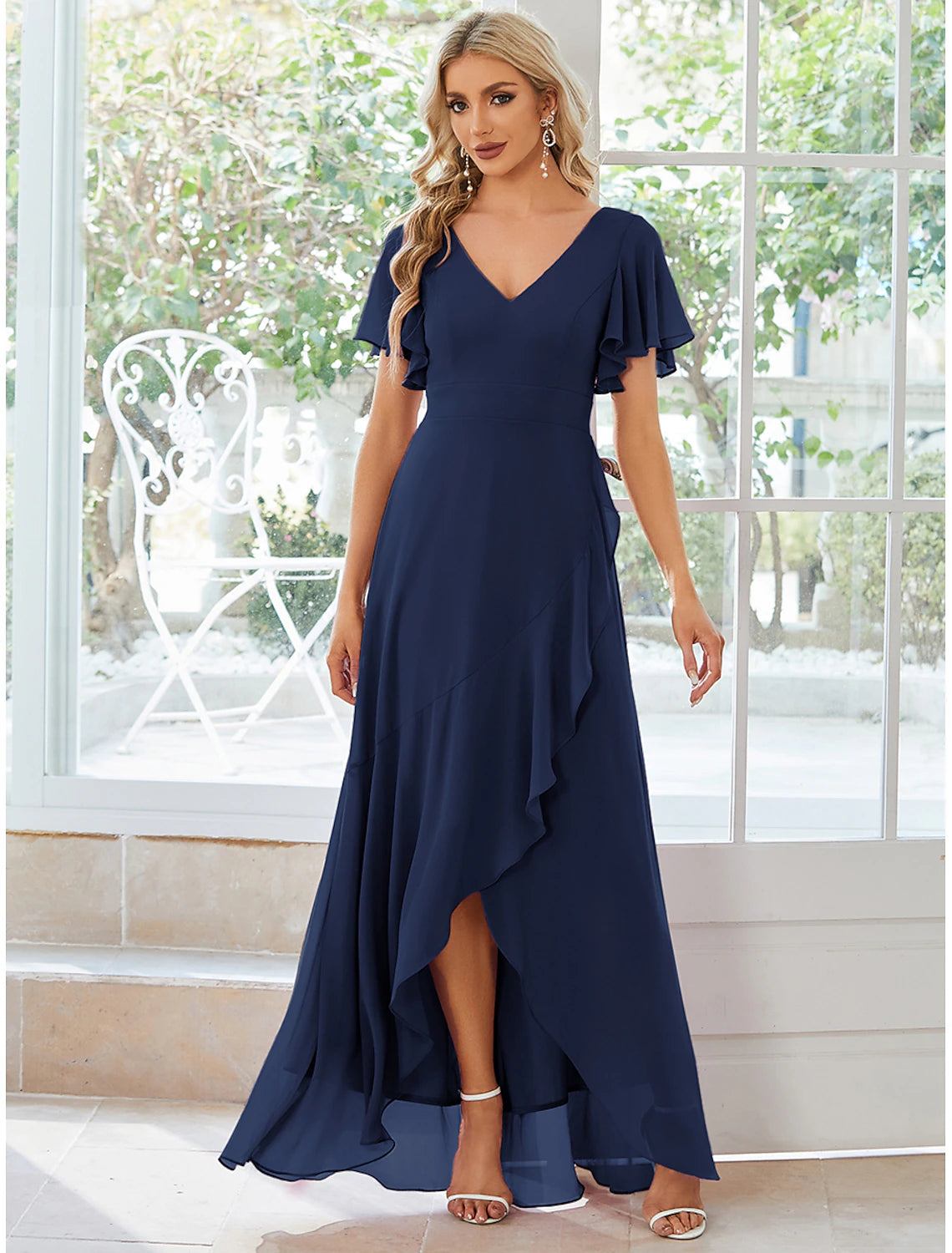 A-line chiffon wedding guest dress with V-neck, short sleeves, and ruffled asymmetrical hem
