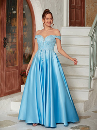 Off-the-shoulder sleeveless A-line satin and lace floor-length dress