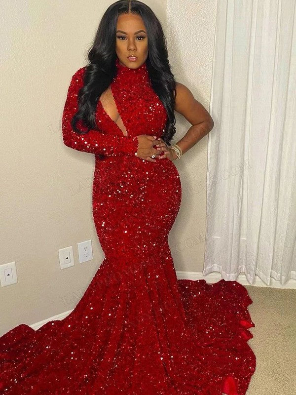 Trumpet/mermaid sequin prom dress with high neck, long sleeves, and sweep train