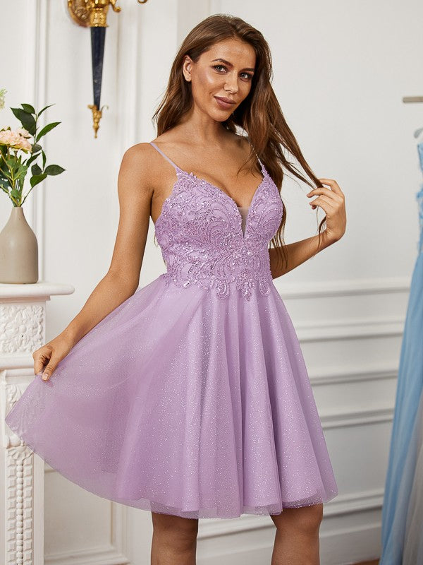 A-Line lace V-neck sleeveless short mini prom dress