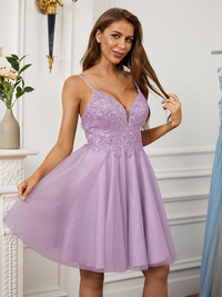 A-Line lace V-neck sleeveless short mini prom dress