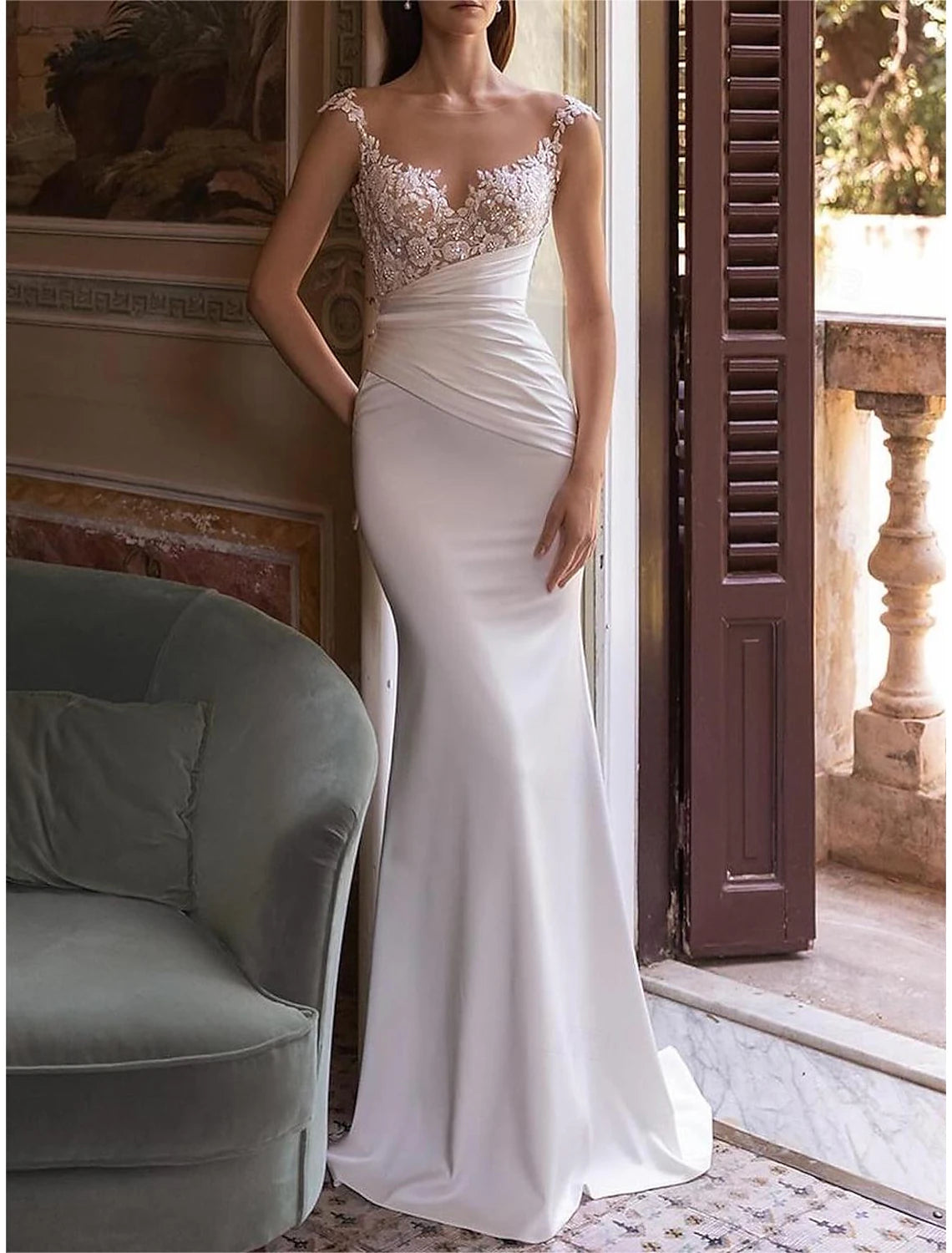 Ivory satin ball gown bridal skirt with pleating and chapel train