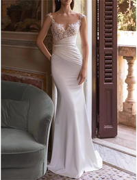 Ivory satin ball gown bridal skirt with pleating and chapel train