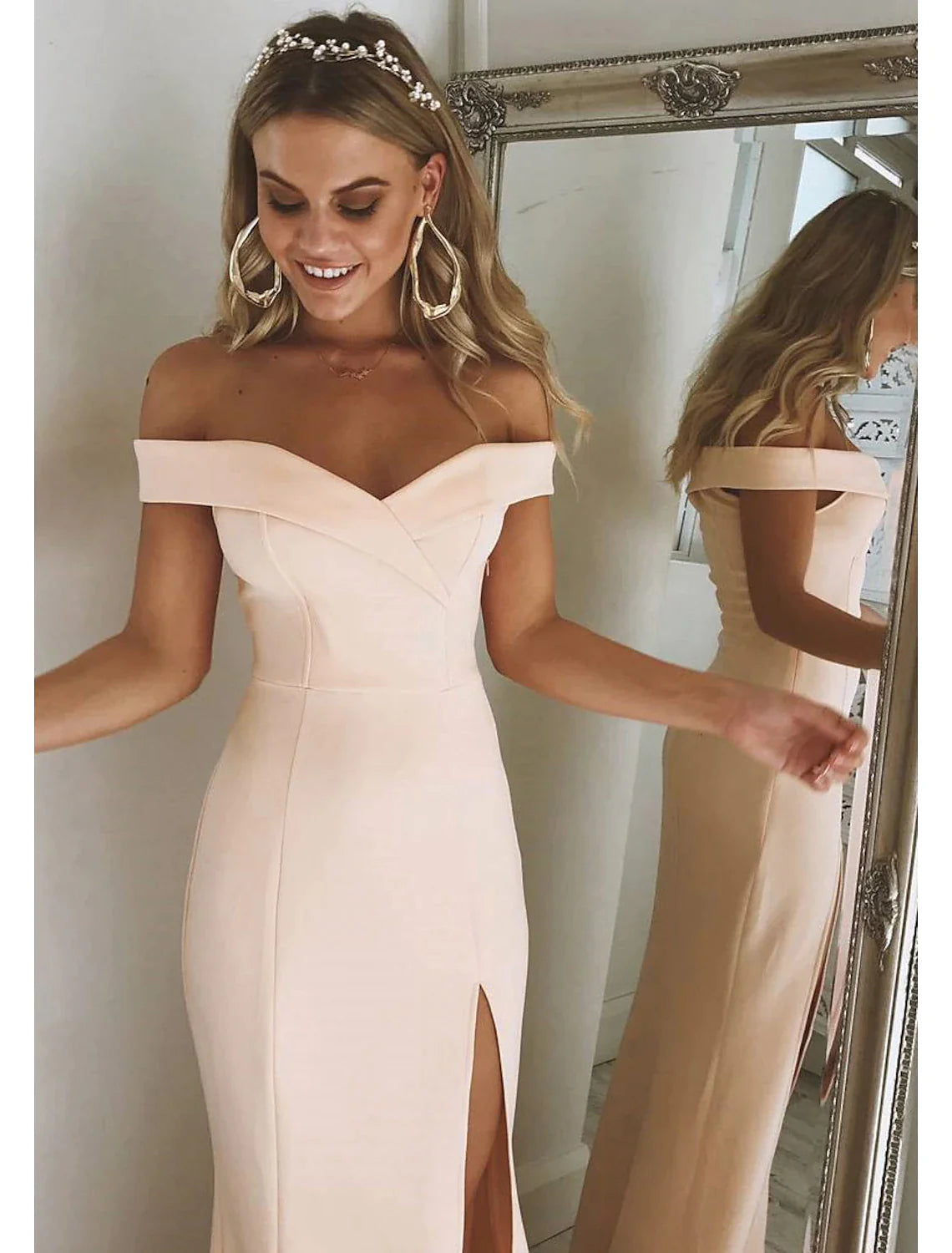 Off-the-shoulder sleeveless mermaid floor-length prom dress with slit