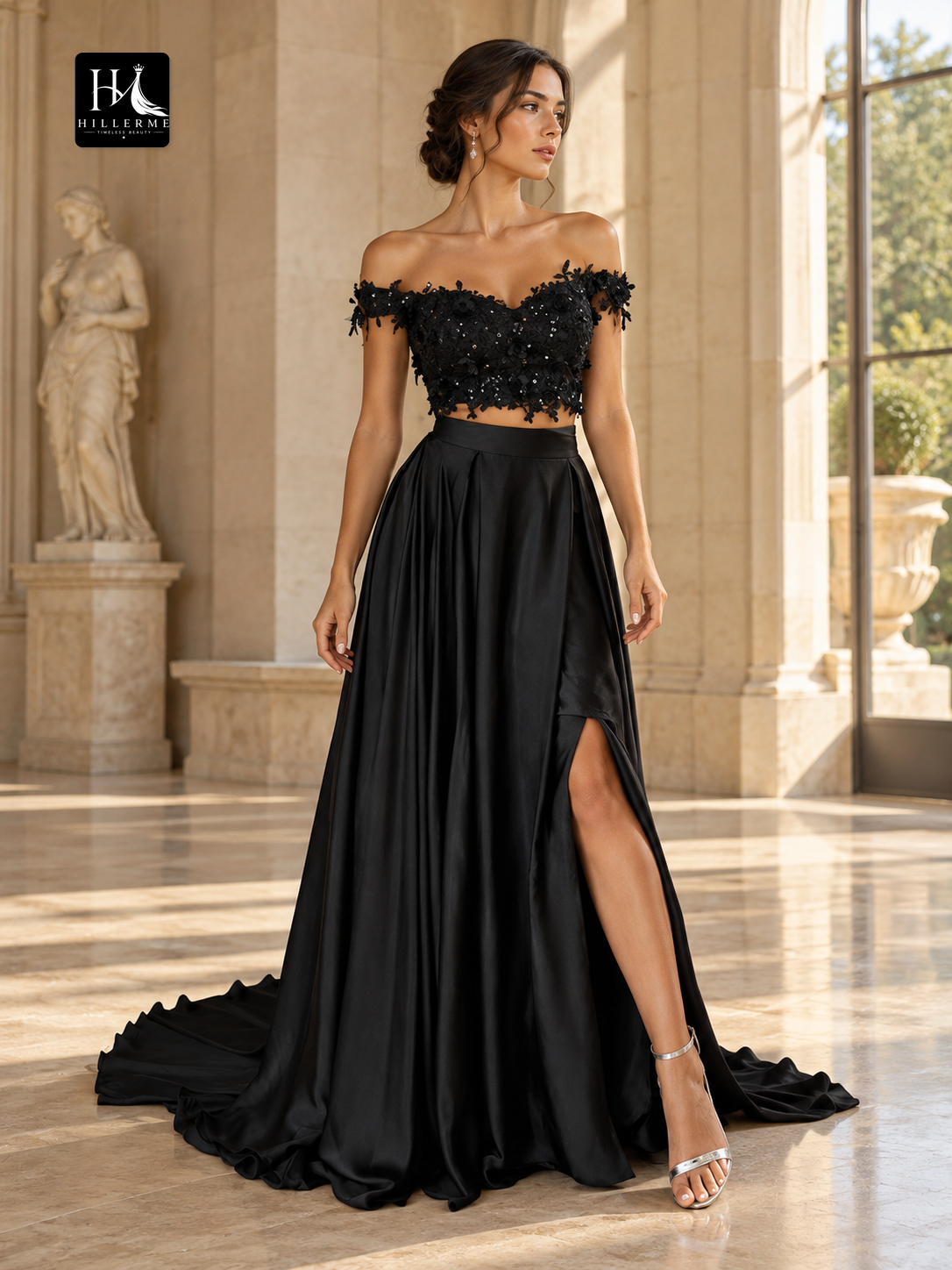 Off-the-Shoulder Applique Elastic Woven Satin Two-Piece A-Line Prom Dress