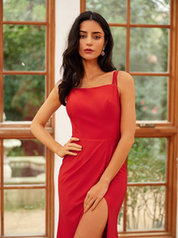 Red jersey floor-length sheath prom dress with sleeveless shoulder straps
