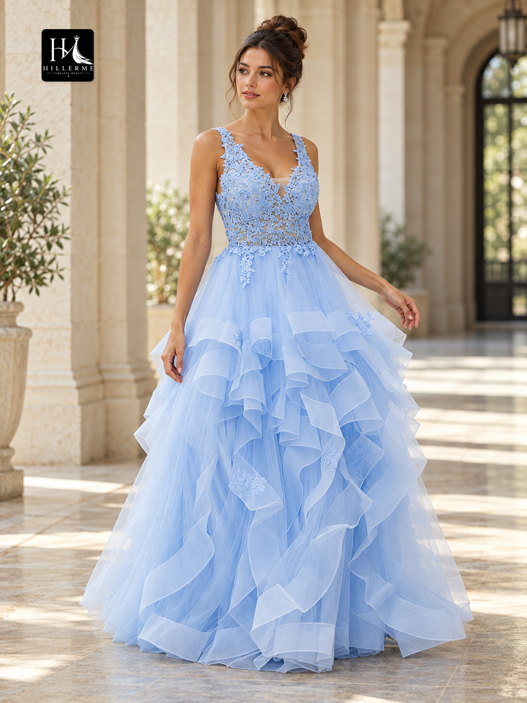 A-Line V-Neck Sleeveless Lace and Tulle Floor-Length Prom Dress