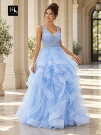 A-Line V-Neck Sleeveless Lace and Tulle Floor-Length Prom Dress