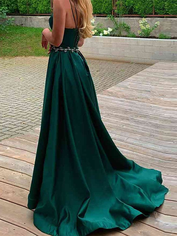 Sleeveless A-Line prom dress in elastic woven satin featuring spaghetti straps and a sweep train