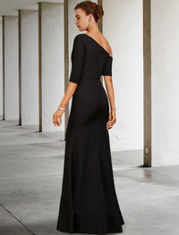 Detailed view of A-line one-shoulder floor-length mother of the bride dress showing 3/4 sleeve and side-draped ruffles