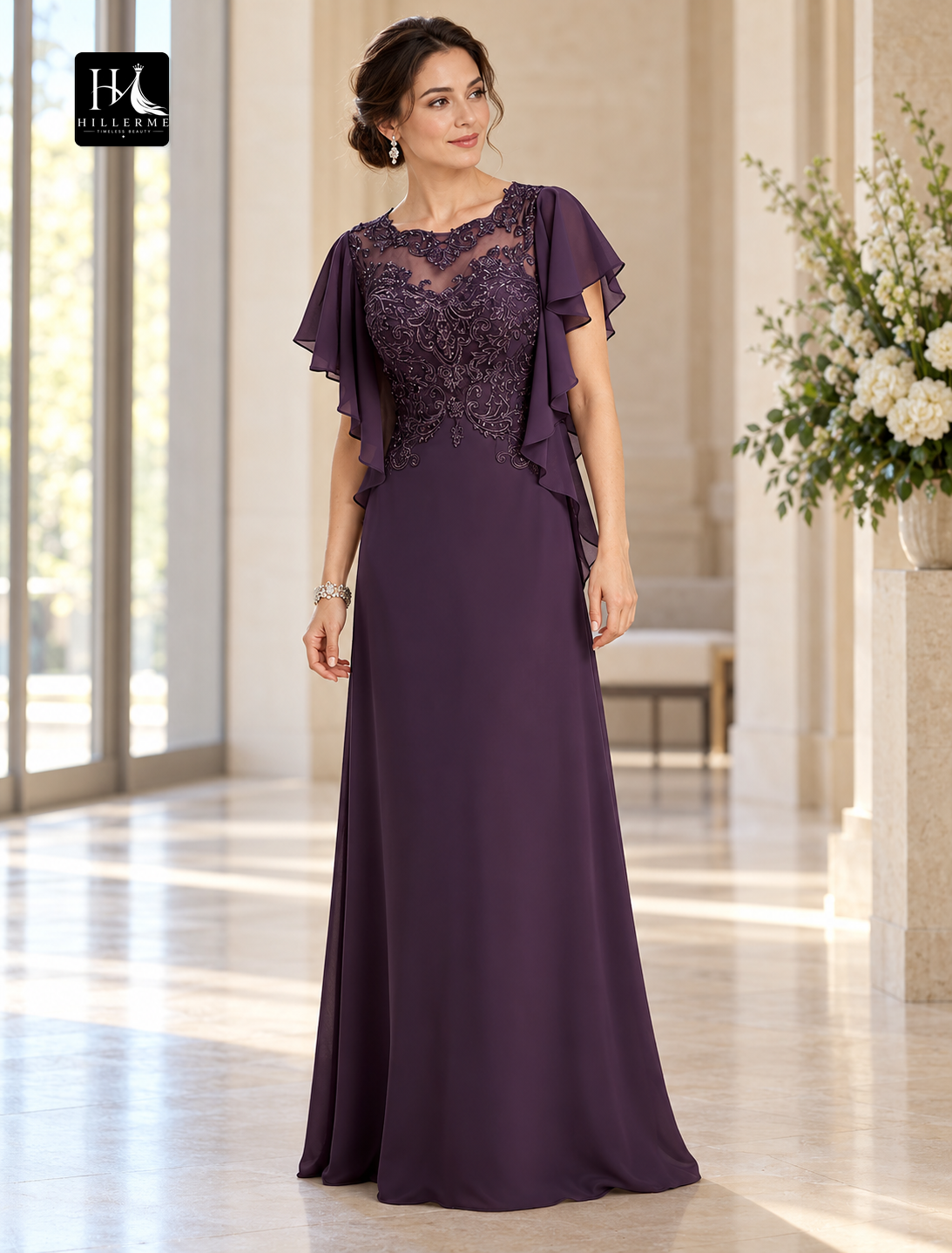 Floor-Length Chiffon Sheath Mother of the Bride Dress with Jewel Neck and Beading Appliques