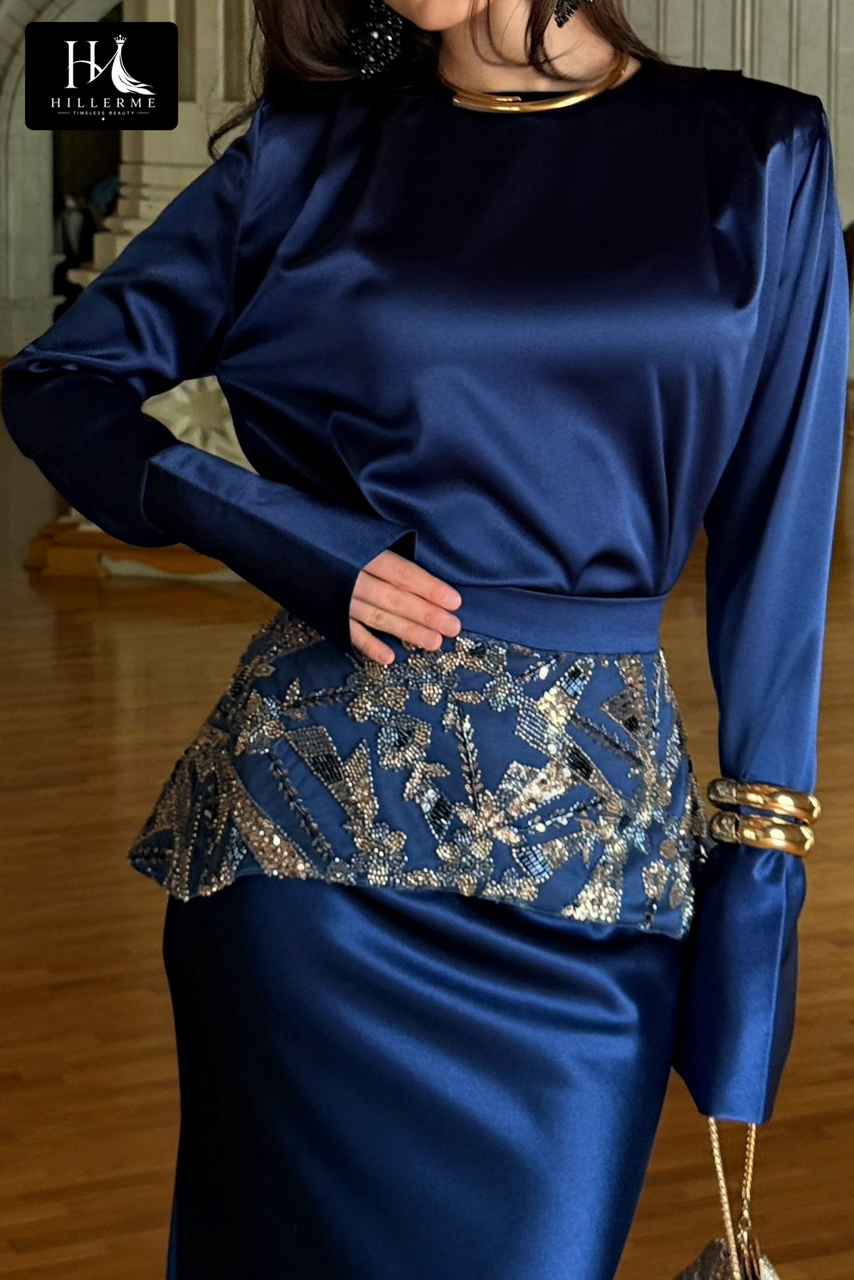 Satin Evening Gown with Sequin-Wrapped Waistband and Long Sleeves