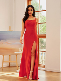 Red floor-length sheath jersey prom dress with sleeveless strap design