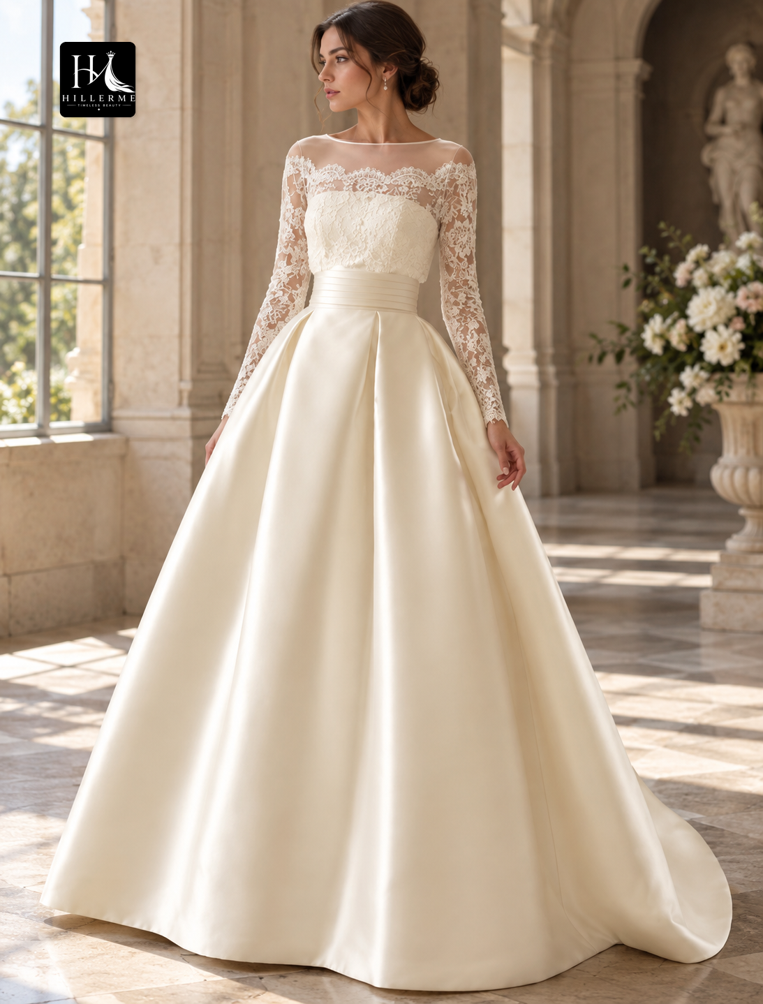 Vintage Illusion Neck Long Sleeve Satin A-Line Wedding Dress