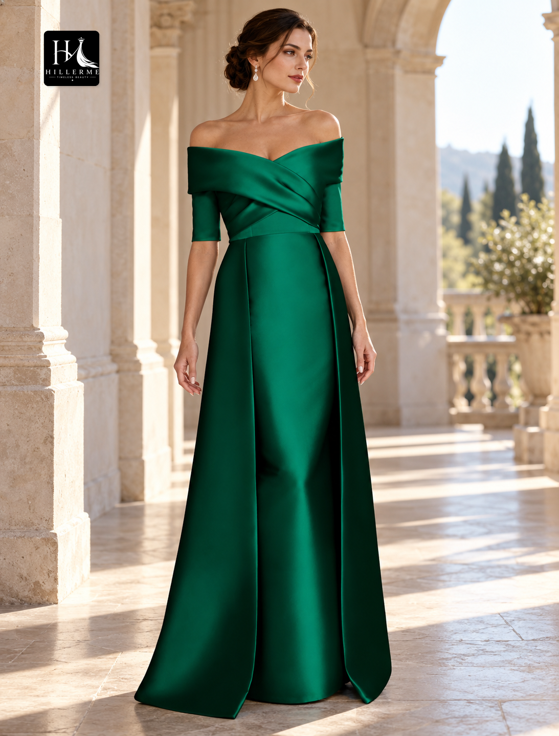 Off-Shoulder Half-Sleeve Ruched Satin Sheath Mother of the Bride Dress