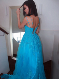 A-line spaghetti strap tulle prom gown with applique embellishments