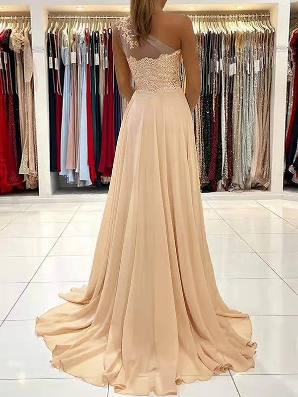 One-shoulder sleeveless A-line chiffon and lace prom dress showing sweep train