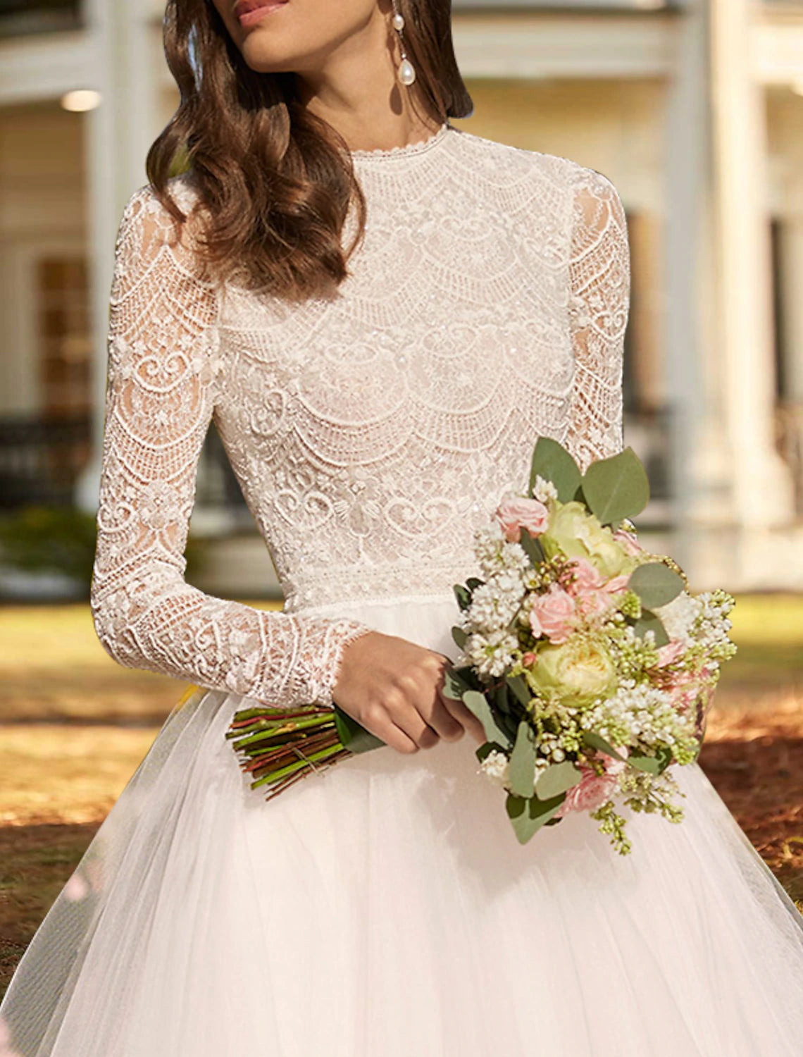A-line sweetheart strapless ankle length lace wedding dress in ivory with pleats