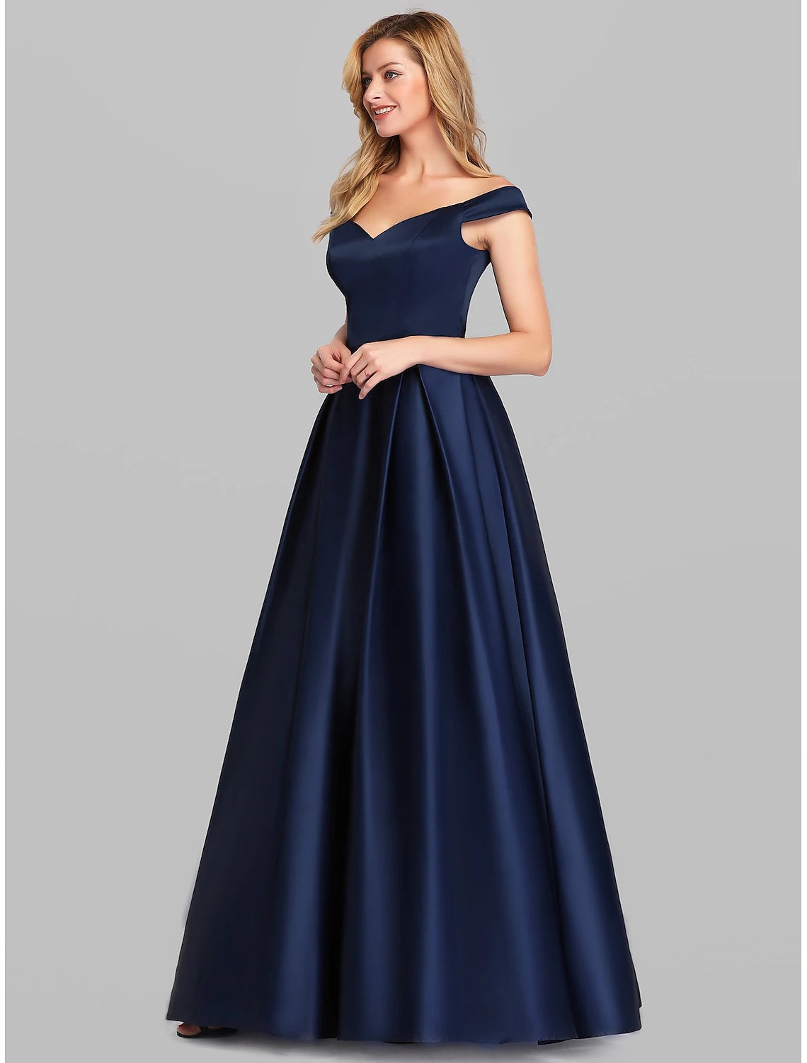 Back view of floor-length ruched satin A-line evening gown