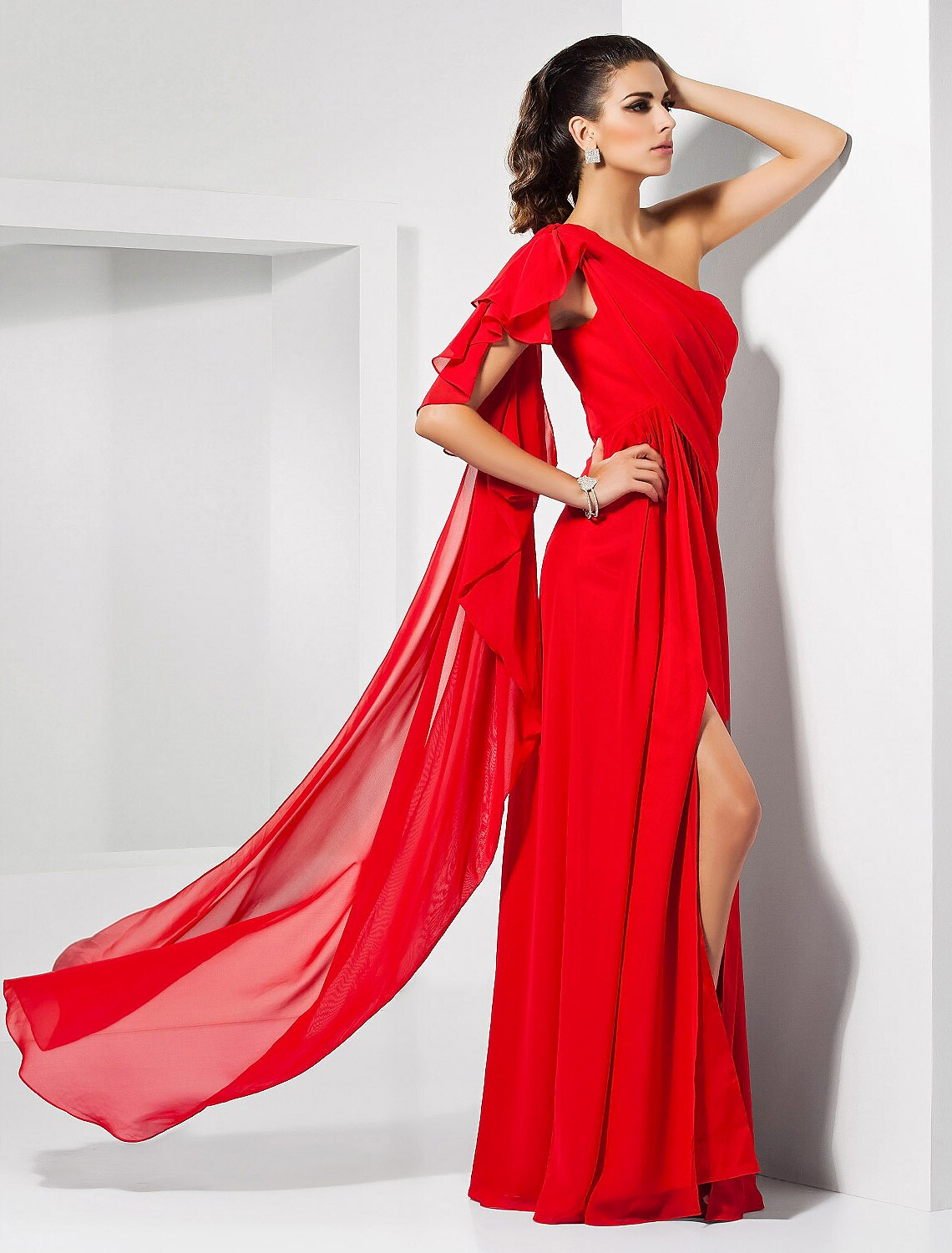 Floor-length one-shoulder chiffon sheath evening dress with draping and slit