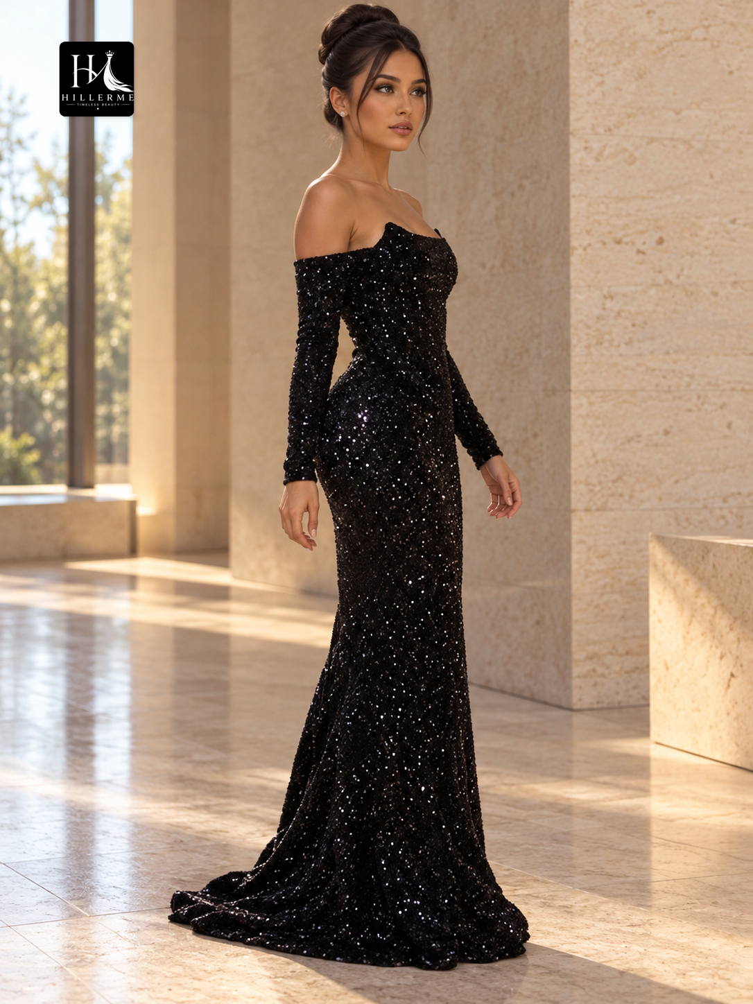 Off-the-Shoulder Long Sleeve Velvet and Sequins Sheath Prom Dress with Sweep Train