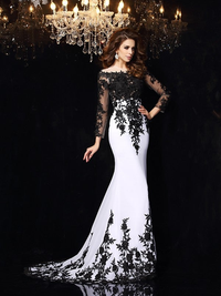 Long chiffon prom dress with scoop neck and lace sleeves