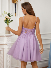 Short mini A-line lace prom dress with sleeveless V-neck bodice