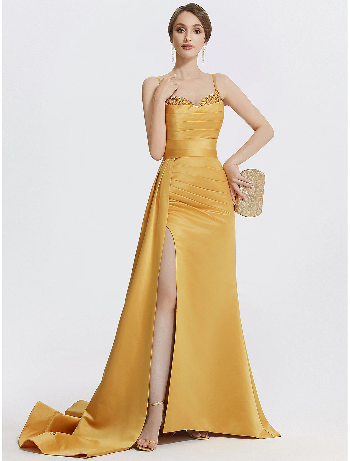 Sleeveless A-line satin evening dress featuring sparkle rhinestone detail and sweep train