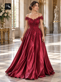 Off-the-Shoulder Sleeveless Applique Satin Ball Gown Floor-Length Prom Dress