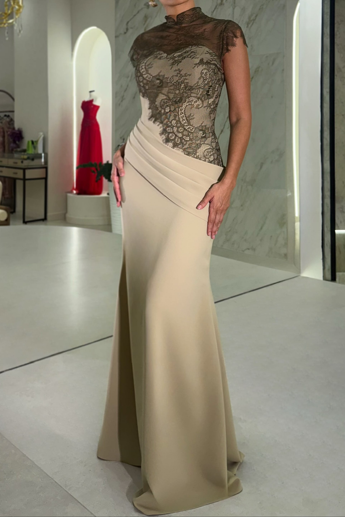 Sheer Lace High-Neck Mermaid Evening Gown with Satin Train
