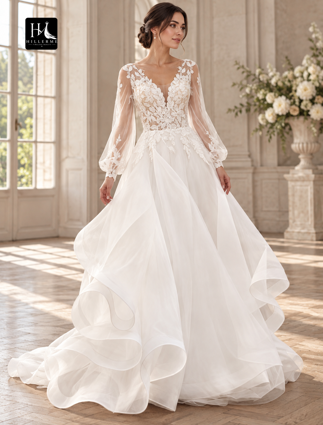 A-Line V-Neck Long Sleeve Lace Applique Wedding Dress with Court Train