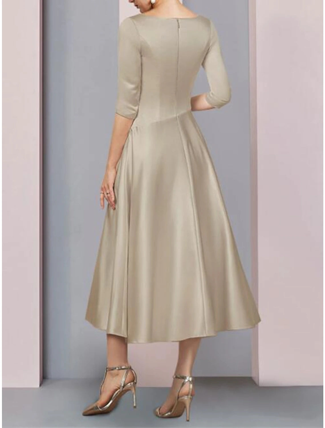 A-line pleated satin mother of the bride dress in tea length