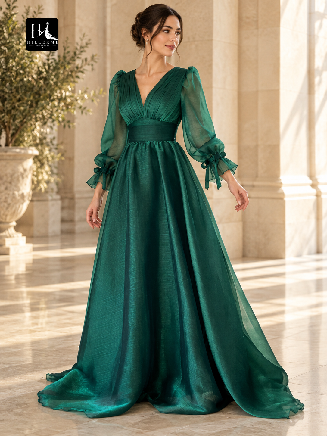 A-Line V-Neck Ruched Organza Prom Dress with Long Sleeves and Sweep Train