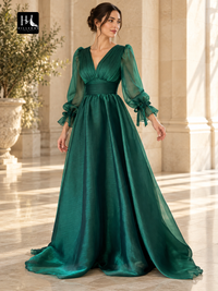 A-Line V-Neck Ruched Organza Prom Dress with Long Sleeves and Sweep Train