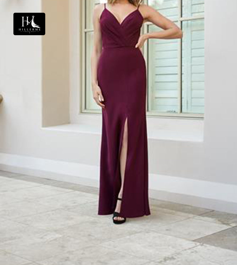 B5102 - V-Neck Sleeveless Long Bridesmaid Dress with Spaghetti Straps and Slit