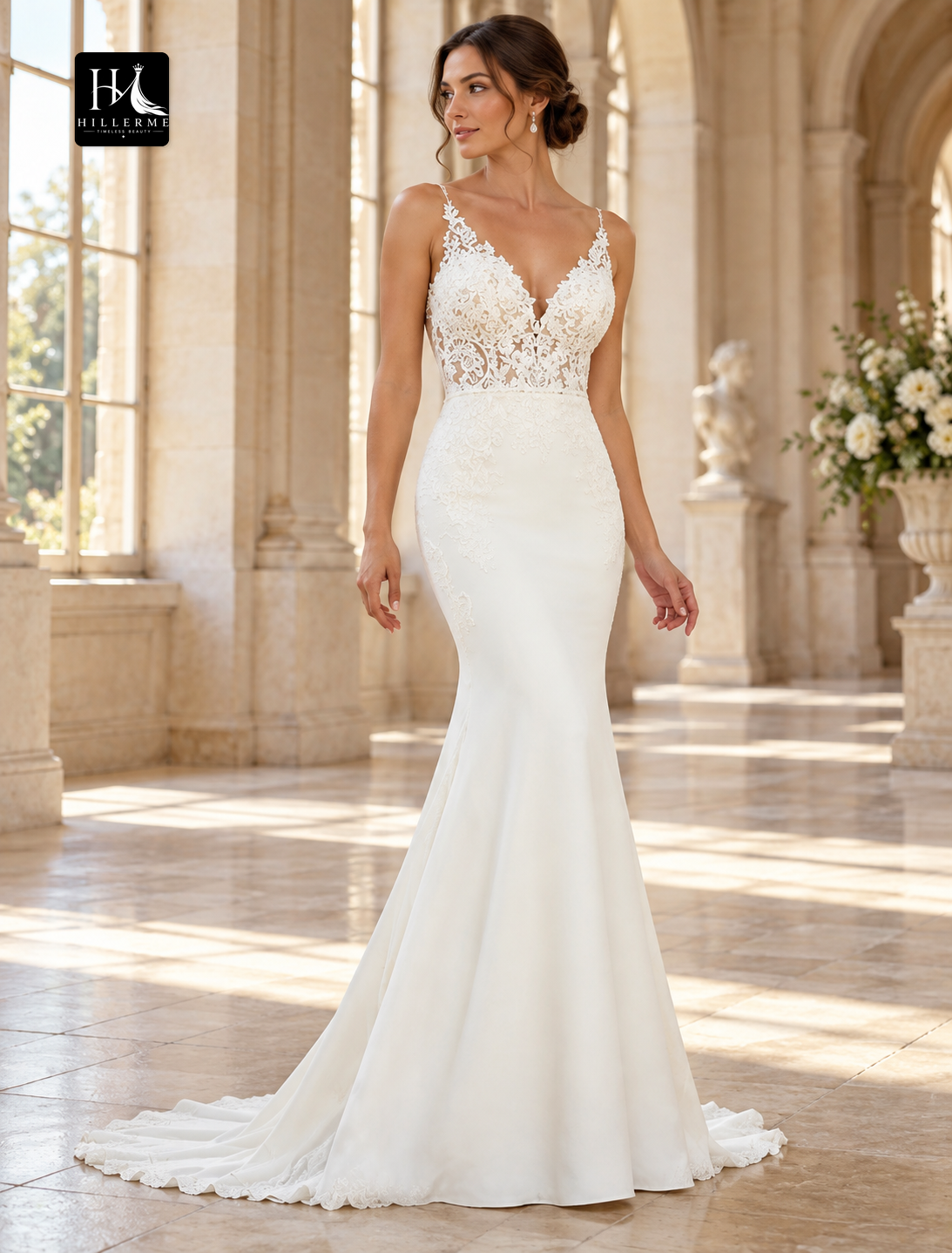 V-Neck Sleeveless Lace Mermaid Wedding Dress with Open Back and Court Train