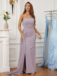Sheath stretch crepe strapless sleeveless prom dress with ruched bodice and sweep train