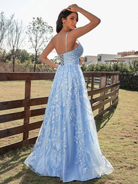A-line lace ruffles V-neck sleeveless prom dress with sweep brush train