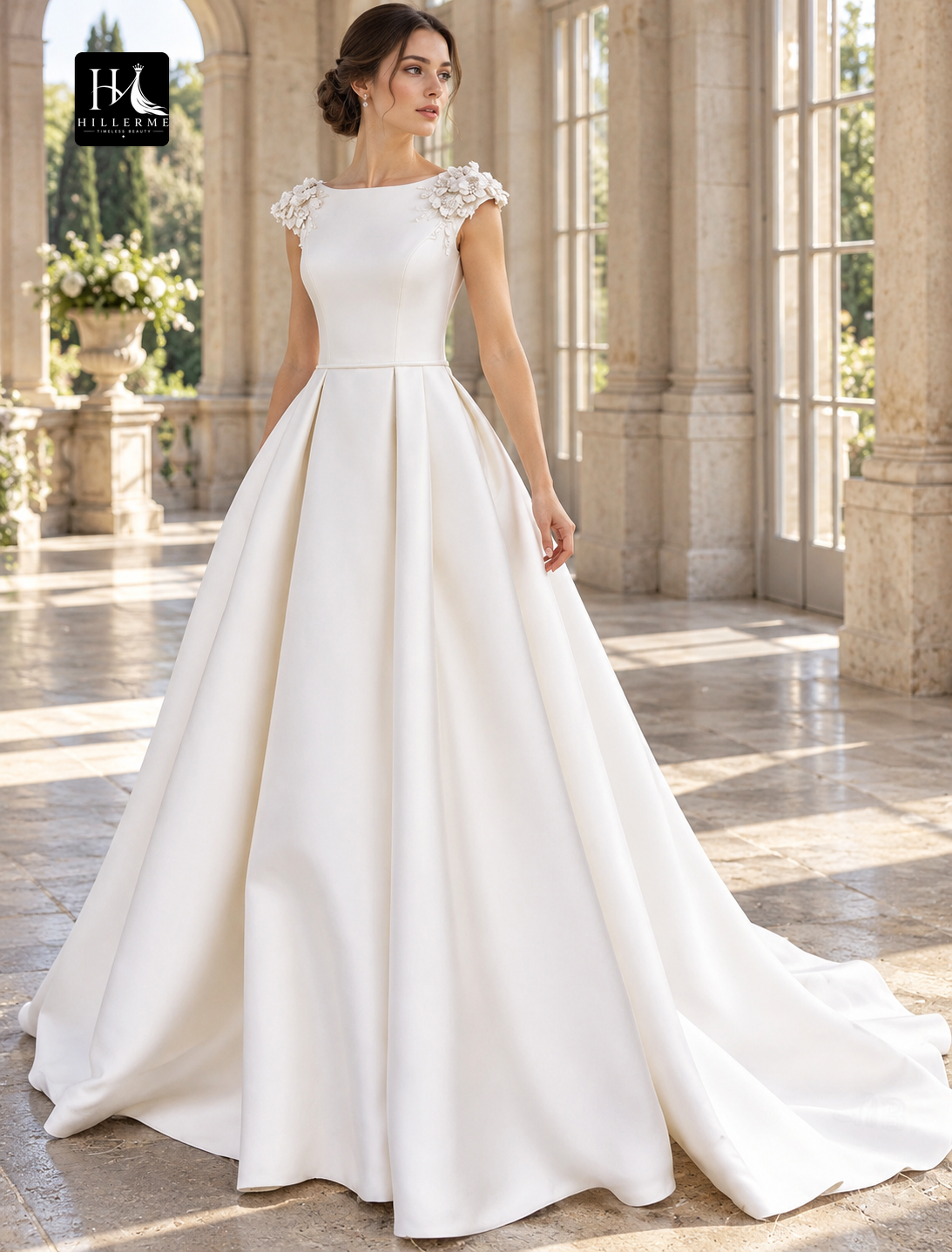Boat Neck Cap Sleeve Satin Ball Gown Wedding Dress with Appliques and Chapel Train