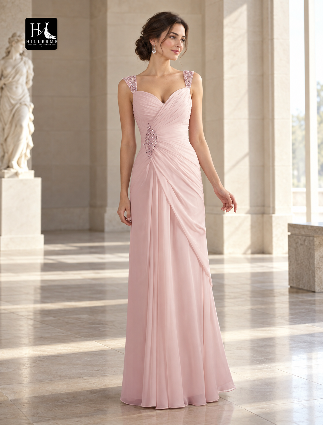 Rhinestone Ruched Chiffon Mermaid Evening Gown with Spaghetti Straps